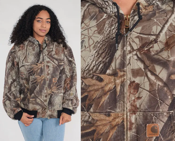 Realtree Carhartt Jacket Hardwoods Hooded Jacket Camo Hunting Jacket Hoodie Camouflage Hood Coat Vintage Workwear Work Wear Large L