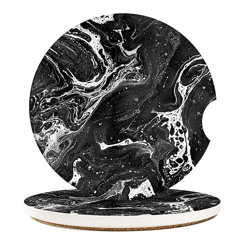 Britimes Absorbent Car Coasters 2 Pack for Cup Holders, 2.56" Ceramic Stone & Non-Scratch Cork Base Drink Coasters Black Marble - Black Marble