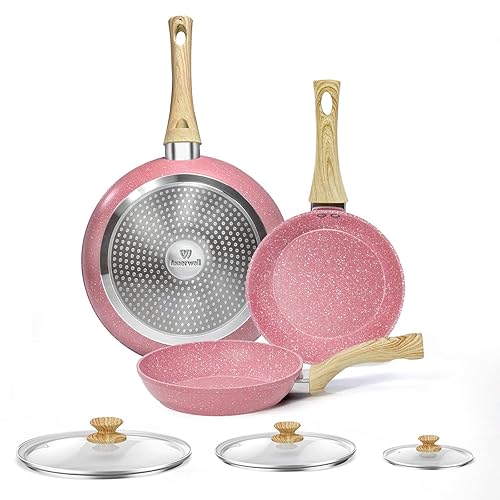 Innerwell 6-Teilig Pfannenset Rosa, Bratpfanne 20+24+28cm mit Deckel, Pfanne Induktion, Granit Antihaft Beschichtung Pfanne, PFOA-freie - Rosa - 20/24/28cm mit Deckel