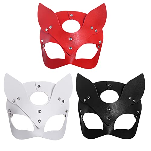 Yookat 3 Packs Leather Masks Masquerade Party Mask Leather Fox Mask Masquerade Mask for Masquerade Cosplay Halloween Party - White, Red, Black
