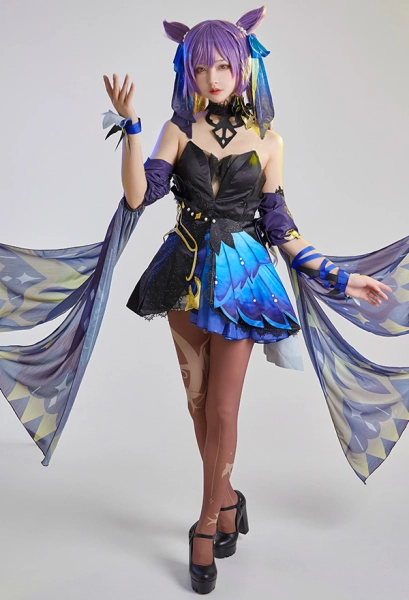 Genshin Impact Keqing Skin Tube Top Dress Cosplay Costume with Crinoline and Stockings