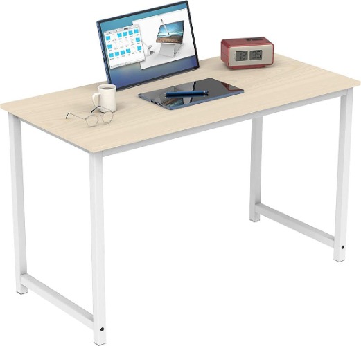Desk for Home Office, 47" Modern PC Laptop Office Desk for Kids and Students, Sturdy Writing Table and Hobby Workstation, Easy Assembly, Walnut Desk, White Frame