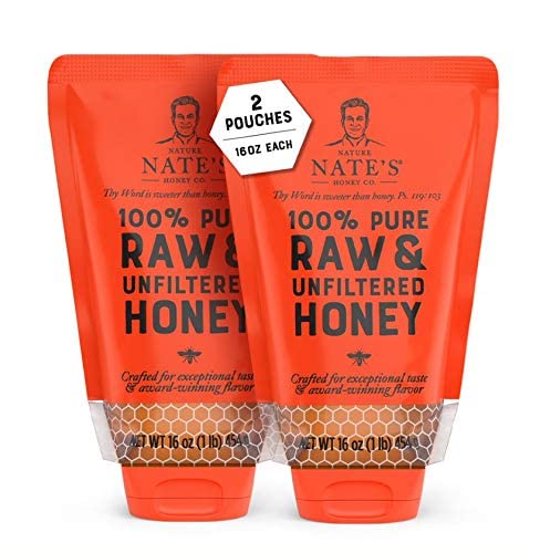 Nature Nate's 100% Guarantee Pure Raw & Unfiltered Honey, No-Drip Sustainable Squeeze Pouch, 16 Oz (Pack of 2) - 32oz (2 Pack)
