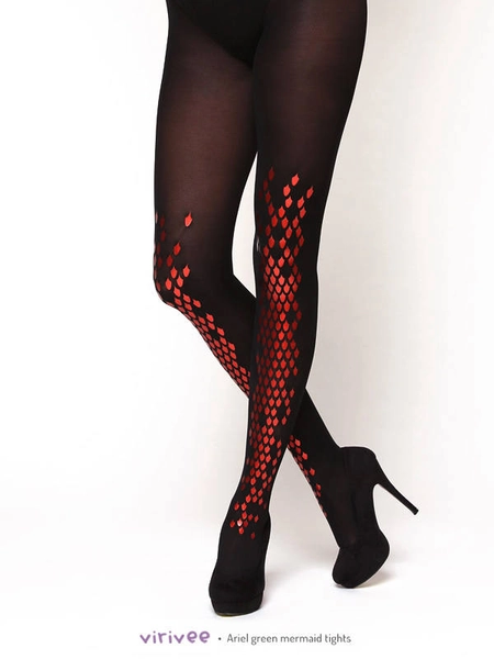 Red dragon tights, goth fashion semi-opaque panythose, cosplay costume gift for sister