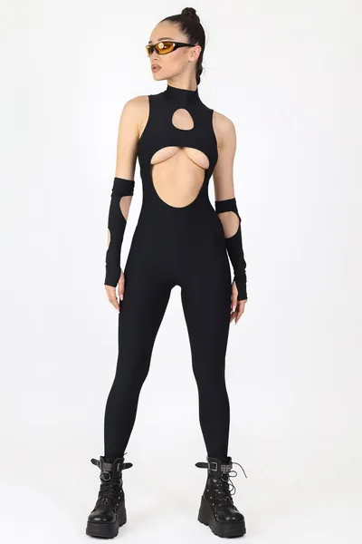 All Black Cut Out Catsuit for Women, cut out jumpsuit, open front bodysuit costume, Burning Man Outfits, black rave outfit, techno outfit