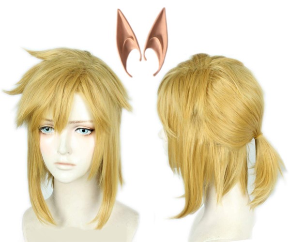 Linfairy Short Blonde Wig Halloween Cosplay Wig For Men Braid with Two Elf Ear