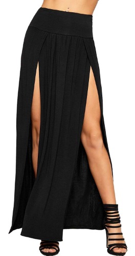 Crazy Girls Womens Long Double Split High Waist Ladies Plain Jersey Stretch Two Side Slit Maxi Skirt
