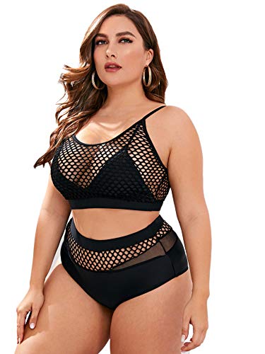 Floerns Women's Plus Size Bathing Suit Fishnet High Waist Bikini Set Rave Outfit - XX-Large Plus - Black