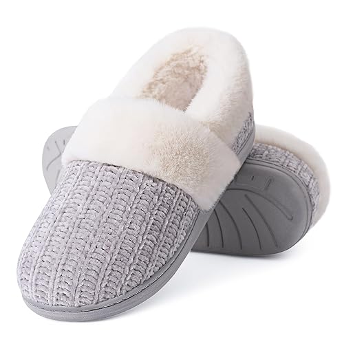 Evshine Women's Fuzzy Memory Foam Closed Back Slippers Chenille Knit Fleece Lined House Shoes - 8.5-9.5 - Grey