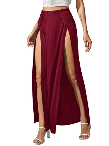 Verdusa Women's Elastic Waist High Split Wrap Flowy Long Maxi Skirt - Large - Burgundy