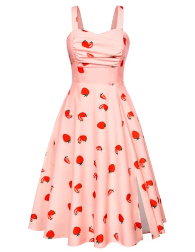 Belle Poque Women's Vintage 1950s Cocktail Dress Sleeveless Spaghetti Strap Ruched Slit A Line Swing Dress with Pockets - Medium - Pink Strawberry