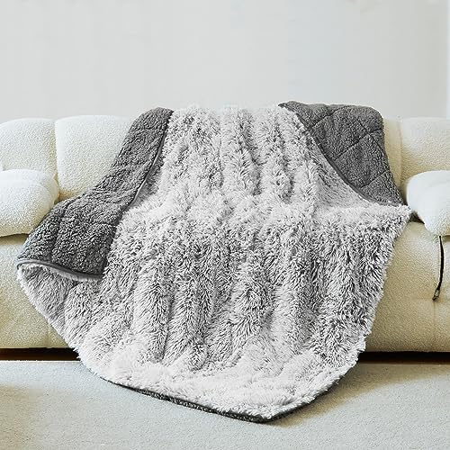 Wemore Shaggy Long Fur Faux Fur Weighted Blanket, Cozy and Plush Sherpa Long Hair Blanket for Adult 15lbs, Fluffy Fuzzy Sherpa Reverse Heavy Blanket for Bed, Couch, Backprint Grey, 60 x 80 Inches - Grey Backprint - 60" x 80" 15lbs