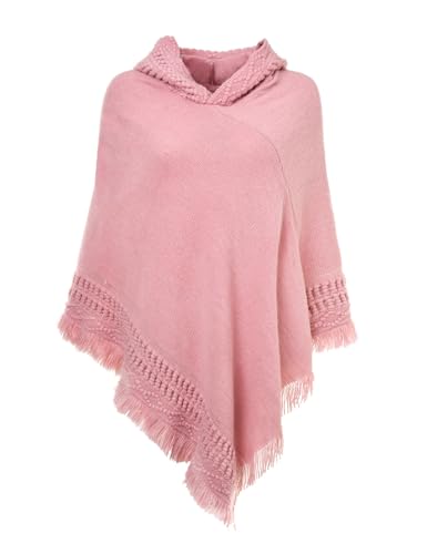 Ferand Ladies' Hooded Cape with Fringed Hem, Crochet Poncho Knitting Patterns for Women - One Size - Pink