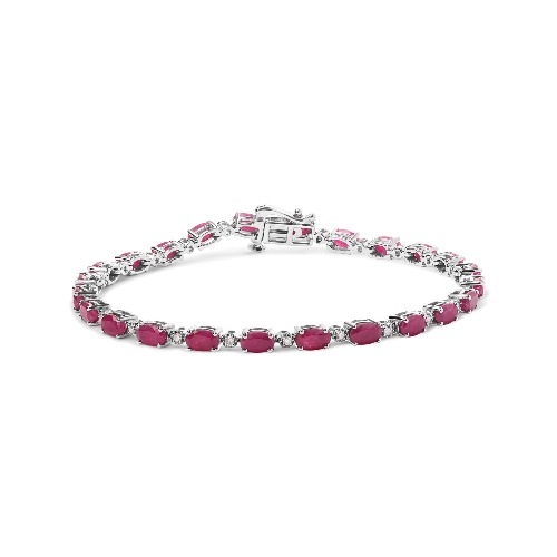 .925 Sterling Silver Oval Ruby and 1/4 Cttw Diamond Link Bracelet - Size 7.25" -  (I-J Color, I2-I3 Clarity)