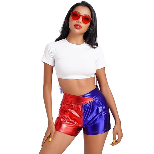 Women Metallic Shiny Shorts Sparkly Hot Dance Bottoms Short Pants Rave Music Festival Outfits with Sunglasses - Medium - Red+blue
