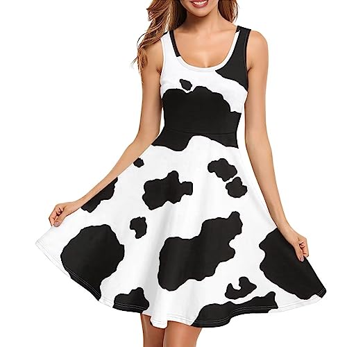 Psesaysky Women's Casual Loose Sundress Midi Sleeveless Crewneck Dress Summer Beach Tank Dress with Pockets - Medium - Cow