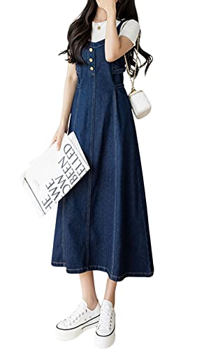 CHARTOU Women's Elegant Straps Back Smocked A-Line Long Skirt Denim Overall Pinafore Dress - Medium - Blue