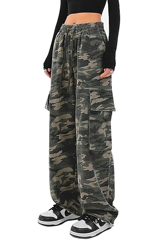 SESERAGI Cargo Pants Women Baggy Streetwear Y2K Drawstring Trousers Wide Leg Pants - Baggy Camouflage - Small