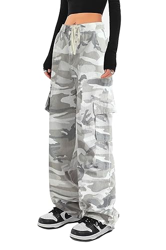 SESERAGI Cargo Pants Women Baggy Streetwear Y2K Drawstring Trousers Wide Leg Pants - D-camo Grey - Small