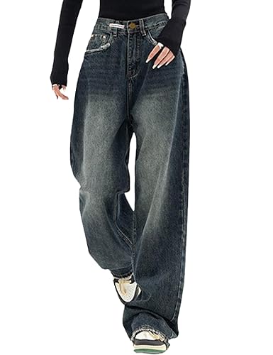 EMMIOL Jeans for Women Wide Leg Baggy Jeans High Waist Y2K Cargo Pants Casual Loose Boyfriends Trousers Vintage Streetwear - 3-blue - Small