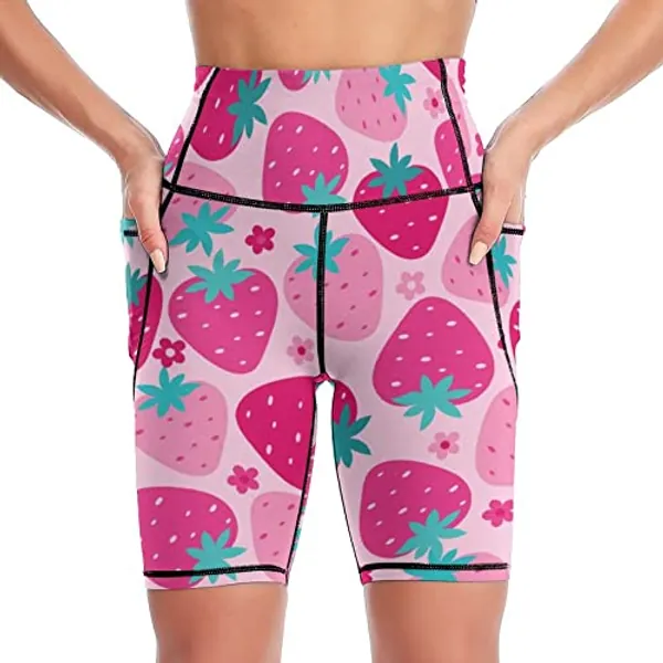 delayer Yoga Shorts Pink Strawberry Background High Waist Women Sport Pants