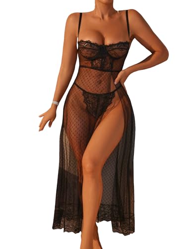 COZYEASE Women's 2 Piece Lingerie Set Lace Mesh Underwire Slip Dress And Low Rise Thongs See Through Nightgown - Small - Black