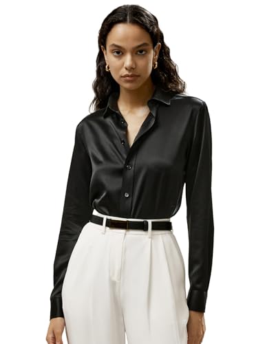 LilySilk Womens Pure Silk Shirt Ladies 22MM Undyed Natural Silk Blouses Classic Basic Long Sleeve Shirt Casual - 2 - Black