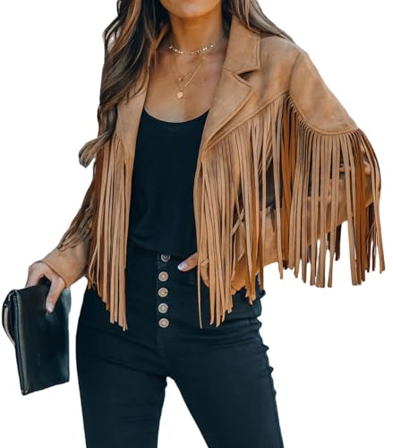 CHARTOU Casual Faux Leather Jacket Women Motorcycle Jacket Fringe Cropped Jacket Utility Tassel Suede Moto Jacket - X-Small - Camel
