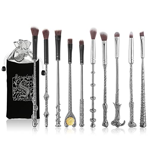 [10 PCS] Makeup Brush Set Metal, Silver Handle Wizard Wand for Foundation Blush, Eyeshadow, Face Concealer, Eyeliner Contour, Powder Liquid Eye, Anime Gift for Girls Women - 10 PCS