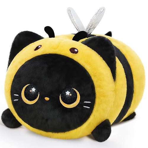 Mewaii Cute Black Cat Bee Plush Pillow, Kawaii Plushies Bee Stuffed Toy, Kitten Plushies with Honeybee Outfit Costume, Soft Squishy Bee Gift for Girls & Kids (8 Inch) - Bee Black Cat - 8 Inch