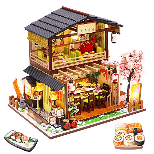 Spilay DIY Dollhouse Miniature with Wooden Furniture,Handmade Japanese Style Home Craft Model Mini Kit with Dust Cover & Music Box,1:24 3D Creative Doll House Toy for Adult Teenager Gift - Gibon Sushi With Dust Cover Music Box