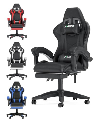 bigzzia Ergonomic Gaming Chair - Gamer Chairs with Lumbar Cushion + Headrest, Height-Adjustable Office & Computer Chair for Adults, Girls, Boys (With footrest, Black) - Black - With footrest