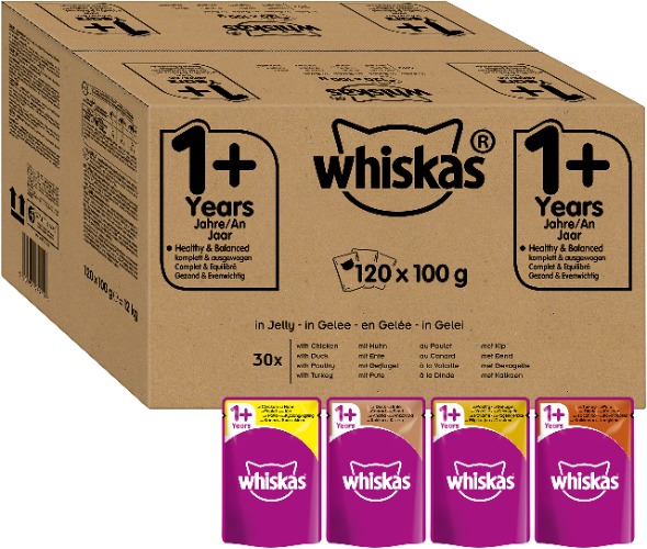 Whiskas 1+ Cat Food, High Quality Wet Food, Different Flavors, 120 Serving Bags, 120 x 100 g