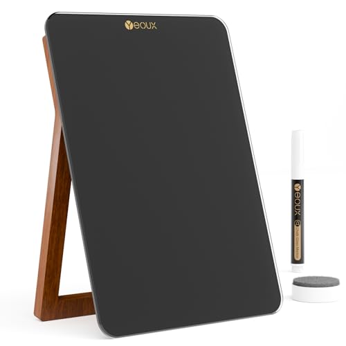 Desktop Black Glass Dry Erase Whiteboard with Reversible Wood Stand, Small Portable White Board Easel for Desk, Reusable Desk Notepad 9.5"x6.7" for Office, Home, School, Marker&Eraser Included, Yeoux - Black