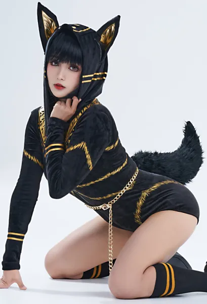 Dark Anubis Style Fluffy Bodycon Romper Pajama 3D Ear Long Sleeve Zipper Bodycon Jumpsuit Sleepwear with Choker and Socks