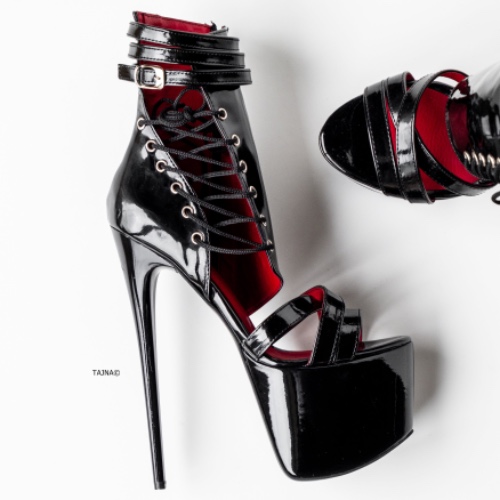Black Gloss Side Lace Designed High Heels | Eu41 /UK7/ USw10 / Photo Colour / 19 cm