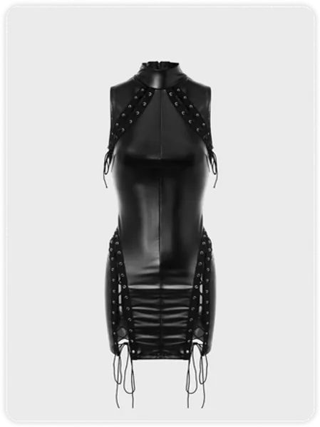 Punk Black lace up leather Dress Mini Dress