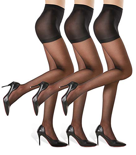 G&Y 3 Pairs Women's Sheer Tights - 20D Control Top Pantyhose with Reinforced Toes - Medium - Black