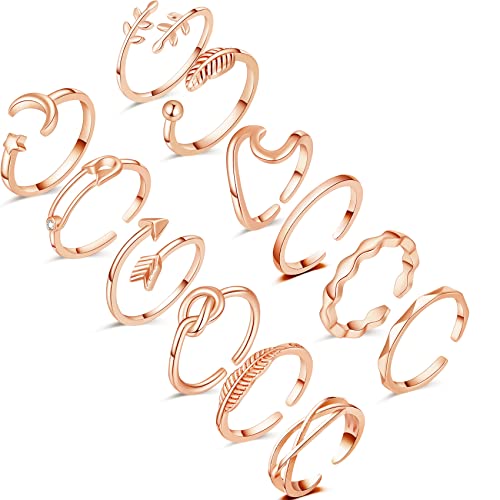 Honsny 12PCS Adjustable Knuckle Rings for Women, 14K Simple Gold Stacking Rings Pack, Open Knot Wave Star Moon Dainty Thumb Ring, Cute Silver Rings Set for Teen Girls - 12PCS Rose Gold