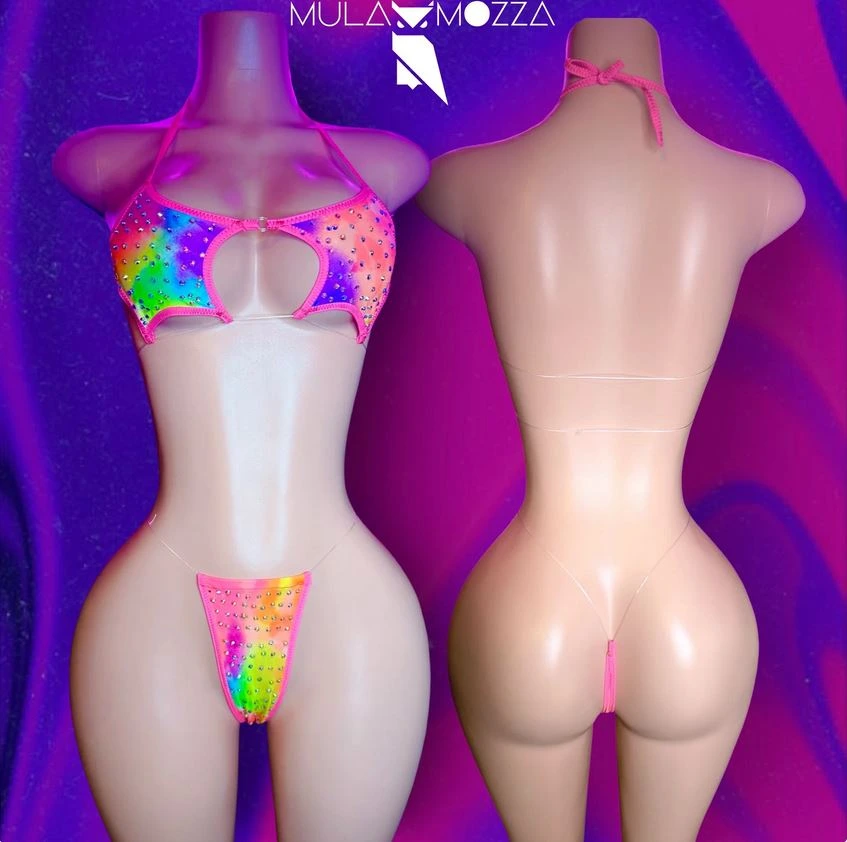 Exotic Dancewear, Star Top Bikini, Rainbow, Stripper Outfits with Rhinestones, Two Piece, Rave Set 