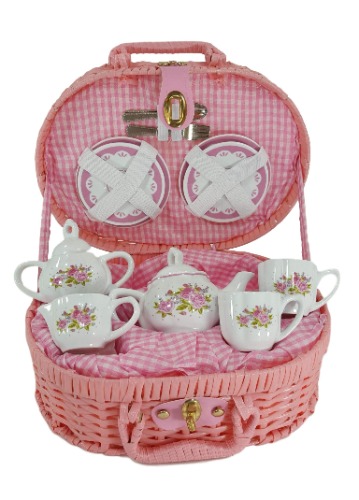 Delton Product Porcelain Tea Set in Basket Lavender and Roses