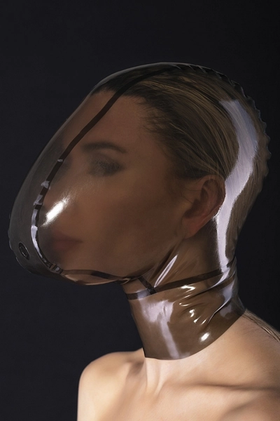 Latex ecstasy mask without zipper and with a small hole for breath control at Bright&Shiny online store