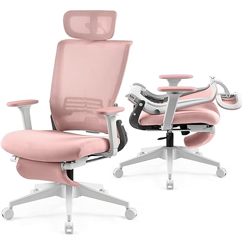 Foldable Office Chair with Foot Rest, Ergonomic Office Chair with Adjustable Lumbar Support, Headrest, Armrest, High Back Mesh Chair, Home Office Desk Chair for Space Saving, Pink - H08-3003UP - Pink