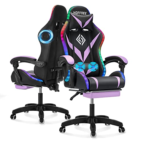 Massage Gaming Chair with Bluetooth Speakers and RGB LED Lights Ergonomic Computer Gaming Chair with Footrest Music Video Game Chair High Back with Lumbar Support Purple and Black - Purple+black
