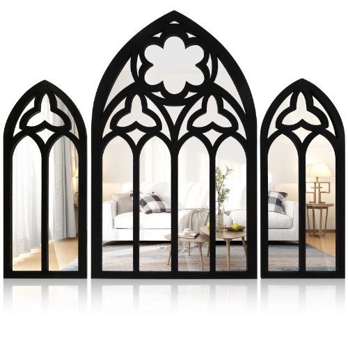 3Pcs Gothic Wall Arch Mirror Set - Black