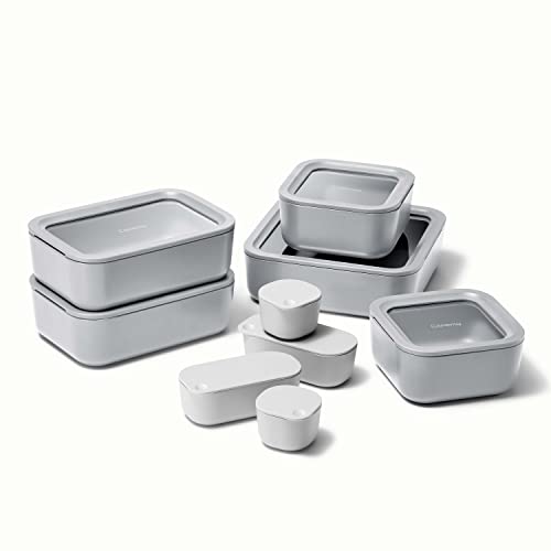Caraway Glass Food Storage Set, 14 Pieces - Ceramic Coated Food Containers - Easy to Store, Non Toxic Lunch Box Containers with Glass Lids - Includes Storage Organizer & Dot & Dash Inserts - Gray - Gray - Food Storage Full Set