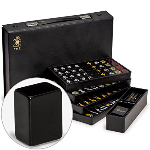 Yellow Mountain Imports Japanese Riichi Mahjong Set - Black Standard Size Tiles and Vinyl Case - with East Wind Tile, Set of Scoring Sticks, & Dice - Standard - Black