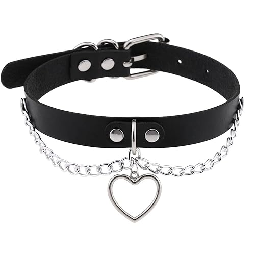 eYLun Women Leather Choker Collar Necklaces Punk Choker Goth Heart Chain Choker - Black