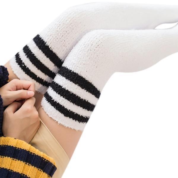 Fuzzy Striped Thigh Highs - White
