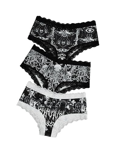 WDIRARA Women's 3 Pack Set Graphic Print Lace Trim Panties High Waist Underwear Briefs - Small - Black Pure